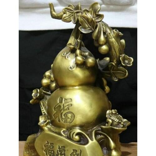 10"China Pure Bronze Wealth Toad Ciacada Cicada Gourd Calabash Cucurbit Statue