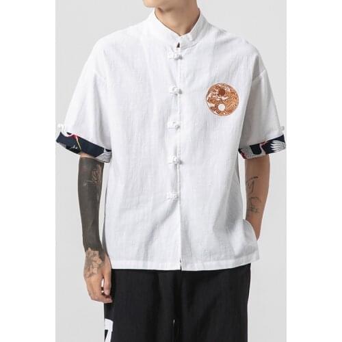 2021 Summer Casual Tang Suit Kung Fu Shirt Men Chinese Style Cotton Linen Tops Half Sleeve Traditional Chinese Clothing KK3474