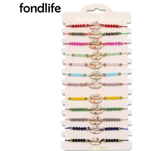 White Cowrie Seashell With Love Flower Print Sparkling Crystal Handmade Bracelet Women 12pcs Wholesale Adjustable Braid Jewelry