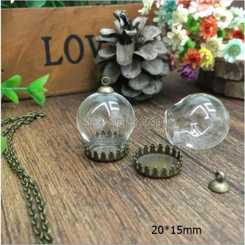 Freeship 20sets/lot 20*15mm glass globe & bronze crown base & 6mm cap finding set glass globe set glass vial pendant glass cover