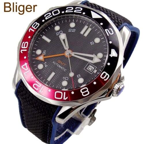 Luxury 41mm GMT DG 3804 Automatic watch men Luminous black dial rubber strap blue ceramic Bezel sapphire glass waterproof B259
