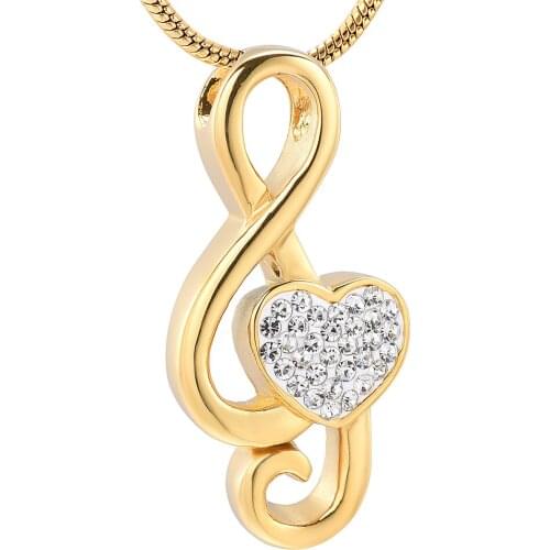 IJD11531Mini Cremation Crystal Heart Stainless Steel Music Note Memorial Ash Urn Necklace Keepsake Pendant Funeral Jewelry Gold
