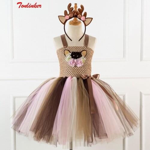 New Little Girls Christmas Eve Xmas Dress up Party Dresses Santa Reindeer Costume New Year Tutu Mesh Dresses up with Headband