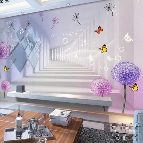 Custom size TV background wall paper 3D space extension dandelion butterfly decoration mural living room bedroom PVC silk