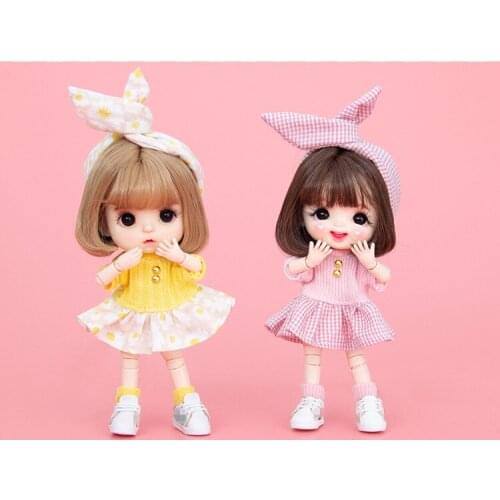 OB11 doll dress Fashion new dress knitted plaid patchwork puff skirt + bow hair belt two-piece set pink and yellow