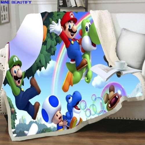 Anime Design Blanket Cartoon 3D Printed Super Mario Blanket Home Textiles Sherpa Blankets for Flannel Three Thicken Child Gift