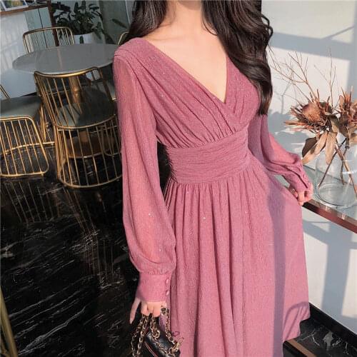 Solid Elegant Dress Women Autumn Sequin Party Midi Dress Female Casual Chiffon Slim Korean Dress 2020 Autumn Womens Clothing