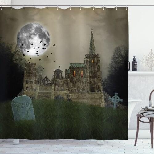 Haunted Mansion Moon Shower Curtain Set Night Medieval Castle Curtain for Bathroom Decor 12 Hooks Decorative Bath Accessory