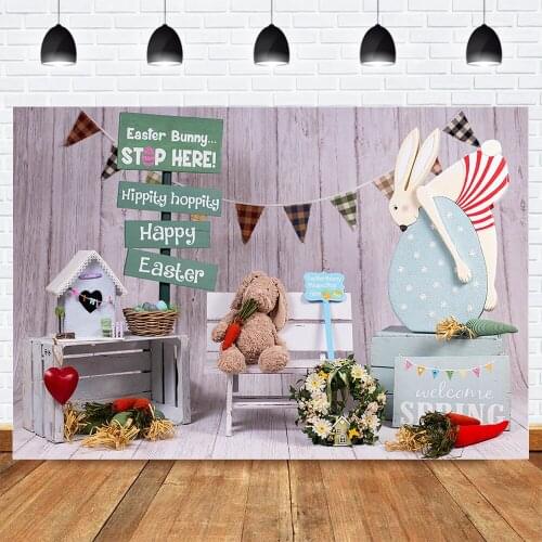 Easter Backdrop for Photography Easter Buuny Rabbit Background Photocall Wooden Wall Flower Carrot Spring Birthday Photographic