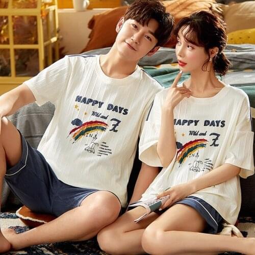 Couple Pajamas Womens Summer Suit Mens Short Sleeve Spring and Autumn Home Wear Loose Thin Couple Pajamas Pajamas for Lovers