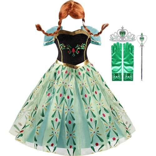 Anna Dress Baby Girls Princess Dress Anna Short Sleeve Green Costume Kids Girl Birthday Party Cosplay Christmas Costume 3-10T