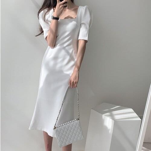 2021 Elegant Women Dresses High Waist Square Collar Vintage Short Sleeve Solid Midi Dress Female Work Wear White Vestidos femme