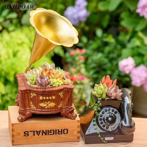 Retro Old Object Record Player Creativity Flower Pots Phonograph Design Resins Potted Vintage Telephone Design Potted Decoration