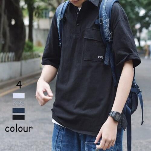 Japanese retro embroidered pocket polo shirt tooling loose lapel college style casual joker short-sleeved T-shirt mens tide