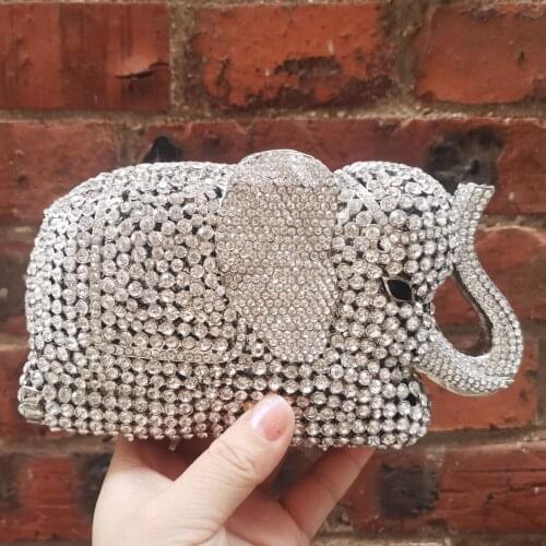 Fashion Newest Luxury Crystal Diamond Elephant Evening Bag Deluxe Indian Rhinestones Metal Zinc Alloy Bridal Party Purse SC487