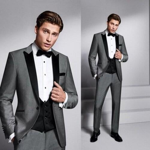High Quality One Button Gray Groom Tuxedos Peak Lapel Groomsmen Mens Wedding Prom Suits (Jacket+Pants+Vest+Tie) NO:80
