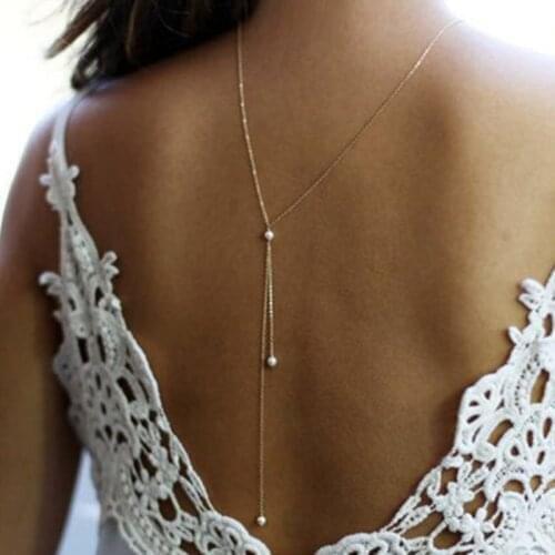 New Simulated Pearl Back Necklaces Gold Silver Color Alloy Long Chain Women Wedding Party Jewelry Gifts Dress Accessories