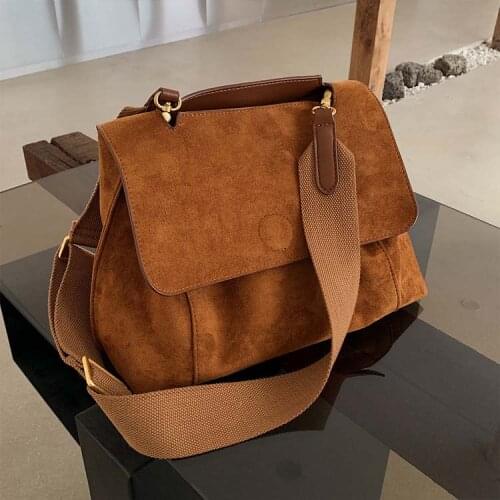 Nubuck PU Leather Flap Crossbody Bags For Women Vintage Big Capacity Shoulder Bag Wide Strap Luxury Handbags Women Bags Designer