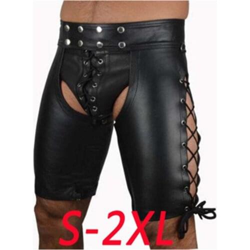 Plus Size S-XXL Sexy Tight Black PU Leather Shorts Men Lace-Up Bondage Jockstrap Lingerie Open Butt Fetish Gay Boxers Panties