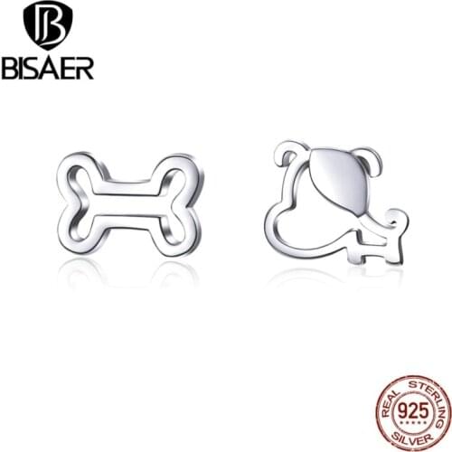 BISAER Animal Earrings 925 Sterling Silver Dog Doggy Love Bone Small Stud Earrings for Women Sterling Silver Jewelry ECE649