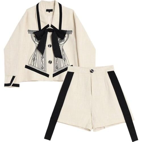 New Fashion Stripes Two-Piece Joint Vest Shirt+Wide leg Side cross tie up Tassel Shorts Sets Women Lettered Embroidered Set