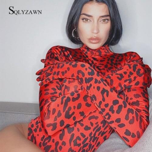 Sexy Leopard Print Turtleneck Bodysuits Women Long Sleeve With Gloves Rave Club Bodies Slim Bodycon Bodysuit Autumn Outfits Tops