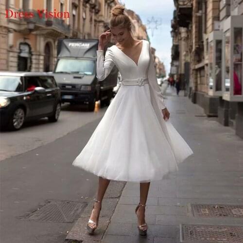 Платье Short Dress Bride Gown Vestido De Novia Robe De Mariage Simplicity Satin Tulle Long Sleeve