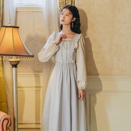 Spring Women Sweet Girl Kawaii Dress 2021 Ruffled Square Neck Elegant Gentle Bow Sweet Cute Blue Dress Vestido de mujer