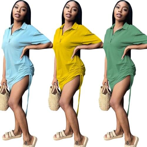 Fitness Women Mini Dress Button Neck Short Sleeve Shirts Dresses 2021 Autumn Casual Side Drawstring Clothes High Street Vestidos