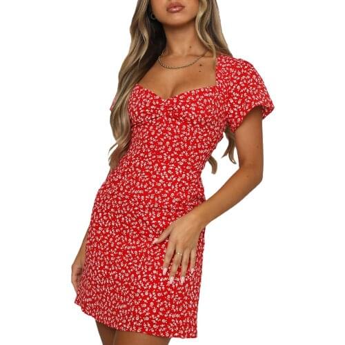 Puloru Summer Floral Back Cross Bandage Dress Summer Womens Short Sleeve Beach Dress Casual Square Collar Short A-Line Lady