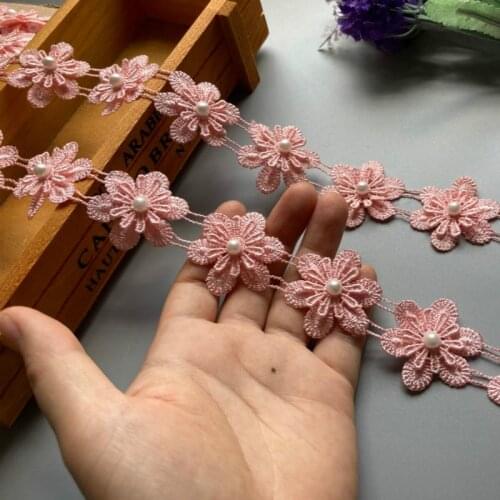 1 yard 3.5cm Pink Pearl Flower Polyester Fabric Lace Trim Ribbon Wedding Embroidered Applique Trimmings Sewing Craft Baby Dress