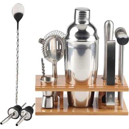 14pcs 750ml Stainless Steel Cocktail Shaker Mixer Drink Bartender Browser Kit Bars Set Tool with Wine Rack Stand Family Bar Tool