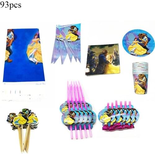 93Pcs/Pack Beauty and Beast Disposable Tableware Beauty Beast Theme Birthday Party Decorations Cups Napkins Plates Straws Banner