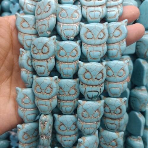 About19x28mm Carving Owl Shape Blue Turquoises Stone Beads For Jewelry Making Loose Animal Howlite Stone Beads DIY Strand 15