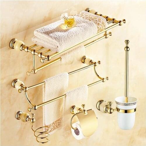 Bathroom Accessories Robe hook,Paper Holder,Towel Bar,Soap basket gold finished jade and brass mateerial art carved luxury