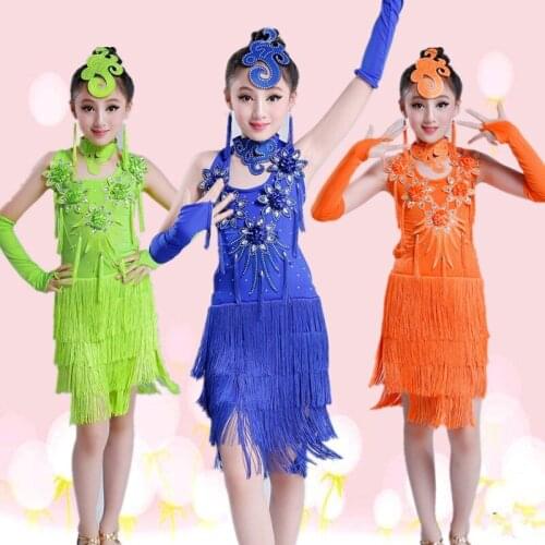 Childrens Latin Dance Costumes Girls Latin Dance Dress Show Competition Clothing New Sequins Tassel Dance Dress