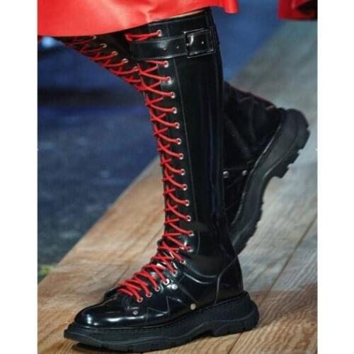 Leather White Black Woman Lace Up Front Round Toe Casual Knee High Flat Martin Boots Girls Buckle Long Knight Boots