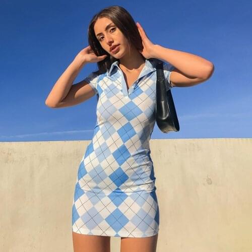 Summer diamond pattern print hit color turn-down collar single-breasted new sexy slim bag hip dress