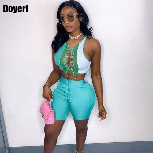 Summer Sexy 2 Piece Short Sets Womens Outfits Party Club Festival Clothing Lace Up Crop Top and Biker Shorts Set Matching Sets