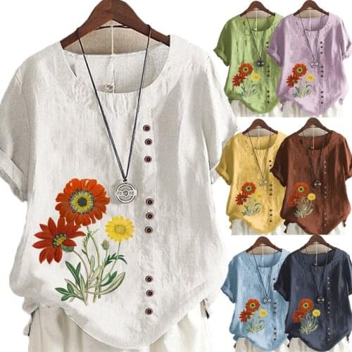 Summer Casual Flowers Print Loose T-shirts Vintage Cotton and Linen O-Neck Plus Size Short Sleeve Blouse Tops For Women S-5XL