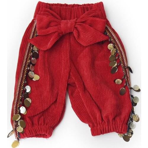 Longqibao high quality baby girl 2019 corduroy spring new with sequins fashion personality trend girl harem pants