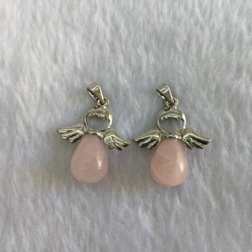 Fashion Angel Wings charms rose quartzs Stone Necklaces pink Angels Pendants for Women Girl Female Jewelry Gift wholesale 12pcs