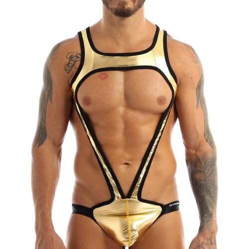 Mens Lingerie Wrestling Singlet Mankini Bodysuit Underwear Shiny Metallic Wide Shoulder Straps Bulge Pouch Jockstrap Leotard