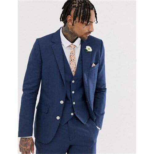 2021 Formal Wear Groomsmen Notch Lapel Groom Tuxedos Navy Blue Men Suits Wedding/Prom Best Man Blazer (Jacket+Vest+Pants)