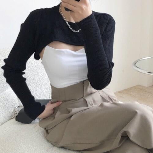 2020 Autumn Soft Knitted Short Woman Shrugs Shawl O Neck Solid Color High Waist Knitwear Slim Sexy Tops