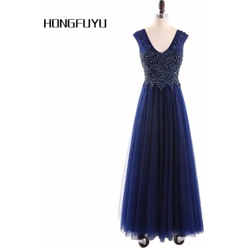 Real Sample Newest Tulle V Neck A Line Long Evening Dresses 2019 Sleeveless Backless Beading Floor Length Evening Dress HFY62006
