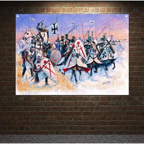 Ancient Military Posters Templar Knight On Horse Banners Retro Print Art Crusader Flags Canvas Painting Wall Hanging Home Decor