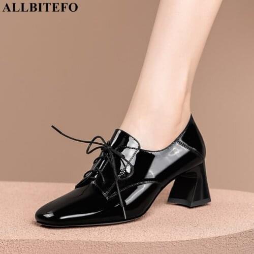 ALLBITEFO Square Toe Genuine Leather Thick Heels Party Women Shoes Women Heels Shoes Autumn/Spring Brand High Heels Shoes