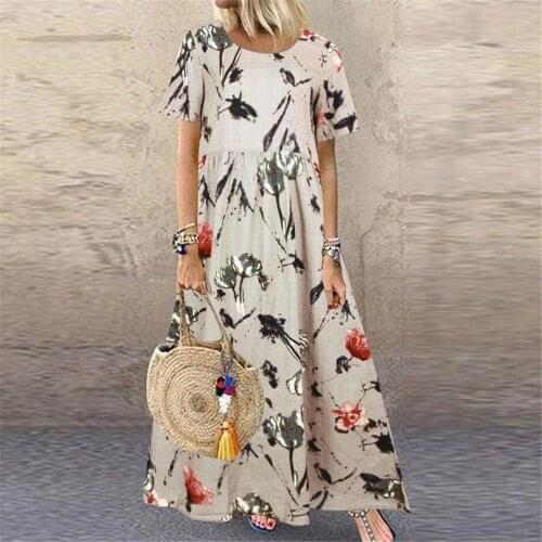 Vintage Printed Maxi Dress Short Sleeve Floral Dresses Womens Summer Plus Size Sundress 2021 Casual Tunic Vestidos Female Robe