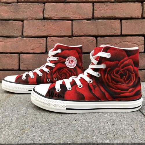 Wen Original Design Custom Shoes Hand Painted Sneakers Rose All Red Flower Womens High Top Canvas Sneakers for Gifts